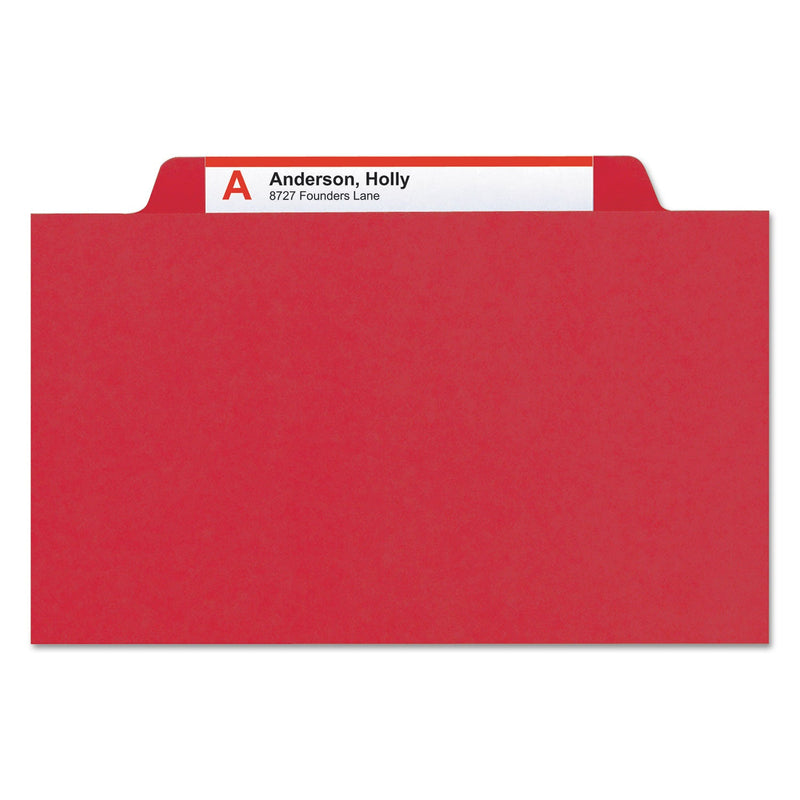 Smead Four-Section Pressboard Top Tab Classification Folders with SafeSHIELD Fasteners, 1 Divider, Legal Size, Bright Red, 10/Box
