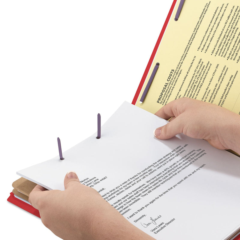 Smead End Tab Pressboard Classification Folders with SafeSHIELD Fasteners, 2 Dividers, Letter Size, Bright Red, 10/Box