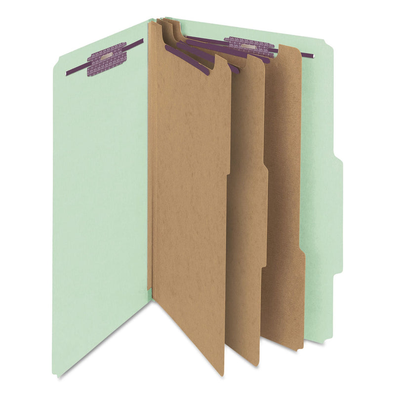 Smead Pressboard Classification Folders with SafeSHIELD Coated Fasteners, 2/5 Cut, 3 Dividers, Legal Size, Gray-Green, 10/Box