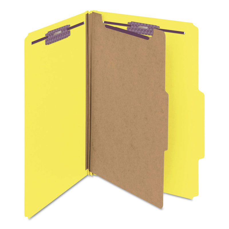 Smead Four-Section Pressboard Top Tab Classification Folders with SafeSHIELD Fasteners, 1 Divider, Legal Size, Yellow, 10/Box