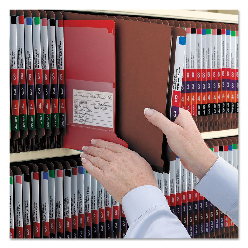 Smead End Tab Pressboard Classification Folders with SafeSHIELD Coated Fasteners, 2 Dividers, Legal Size, Red, 10/Box