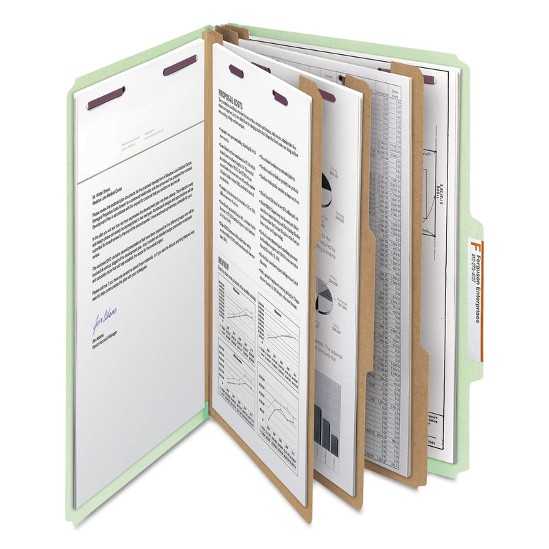 Smead Pressboard Classification Folders with SafeSHIELD Coated Fasteners, 2/5 Cut, 3 Dividers, Legal Size, Gray-Green, 10/Box