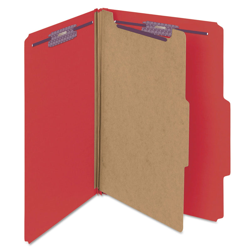 Smead Four-Section Pressboard Top Tab Classification Folders with SafeSHIELD Fasteners, 1 Divider, Legal Size, Bright Red, 10/Box