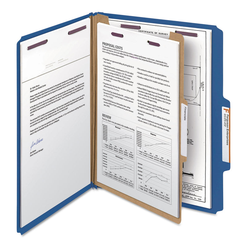 Smead Four-Section Pressboard Top Tab Classification Folders with SafeSHIELD Fasteners, 1 Divider, Letter Size, Dark Blue, 10/Box