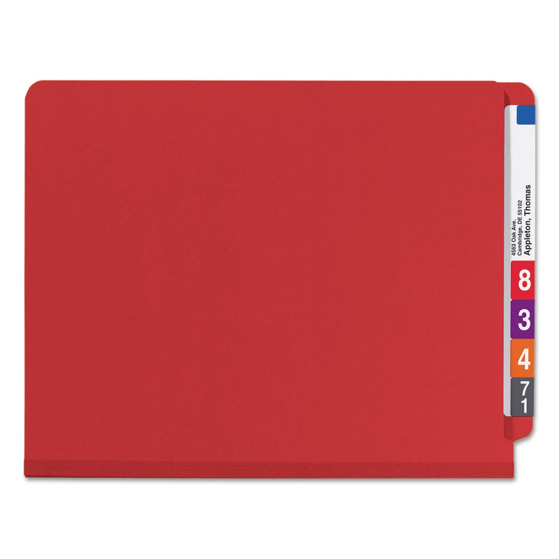 Smead End Tab Pressboard Classification Folders with SafeSHIELD Fasteners, 2 Dividers, Letter Size, Bright Red, 10/Box