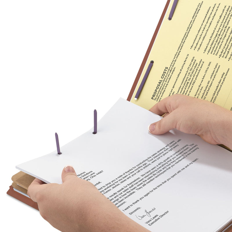 Smead Pressboard Classification Folders with SafeSHIELD Coated Fasteners, 1/3-Cut, 2 Dividers, Letter Size, Red, 10/Box