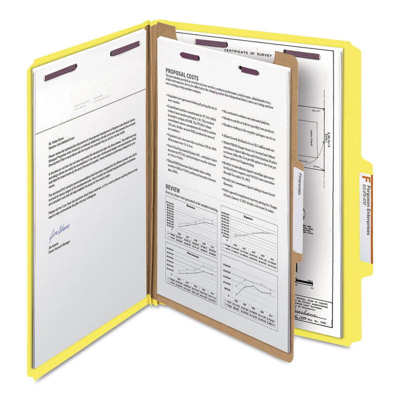 Smead Four-Section Pressboard Top Tab Classification Folders with SafeSHIELD Fasteners, 1 Divider, Letter Size, Yellow, 10/Box