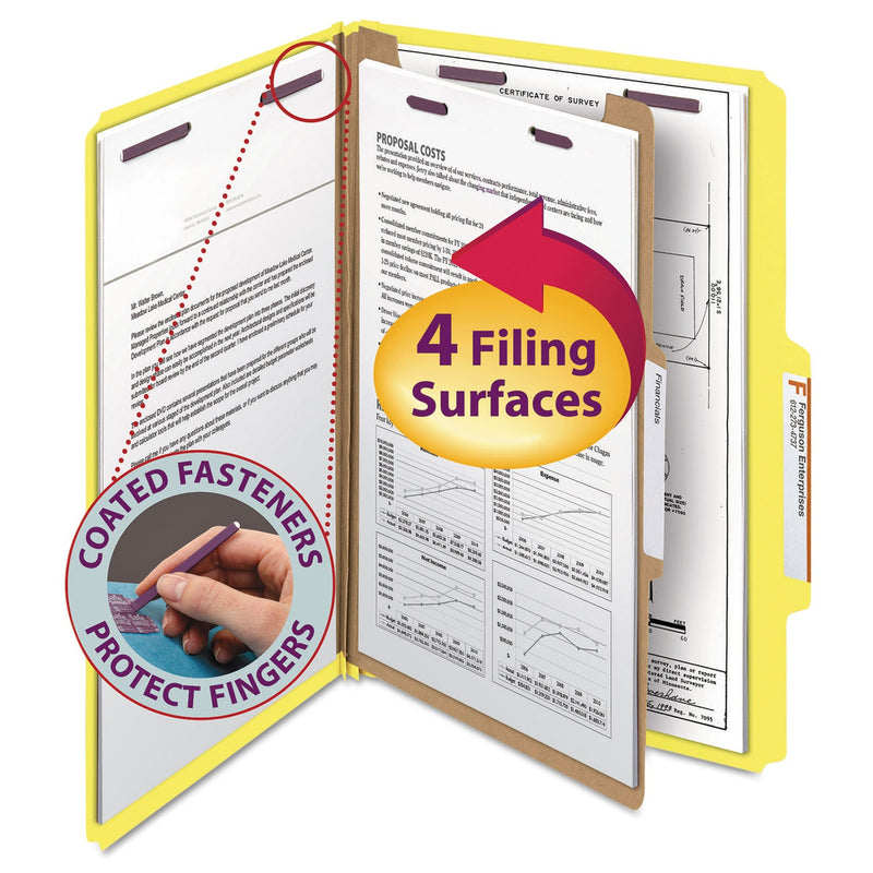 Smead Four-Section Pressboard Top Tab Classification Folders with SafeSHIELD Fasteners, 1 Divider, Legal Size, Yellow, 10/Box