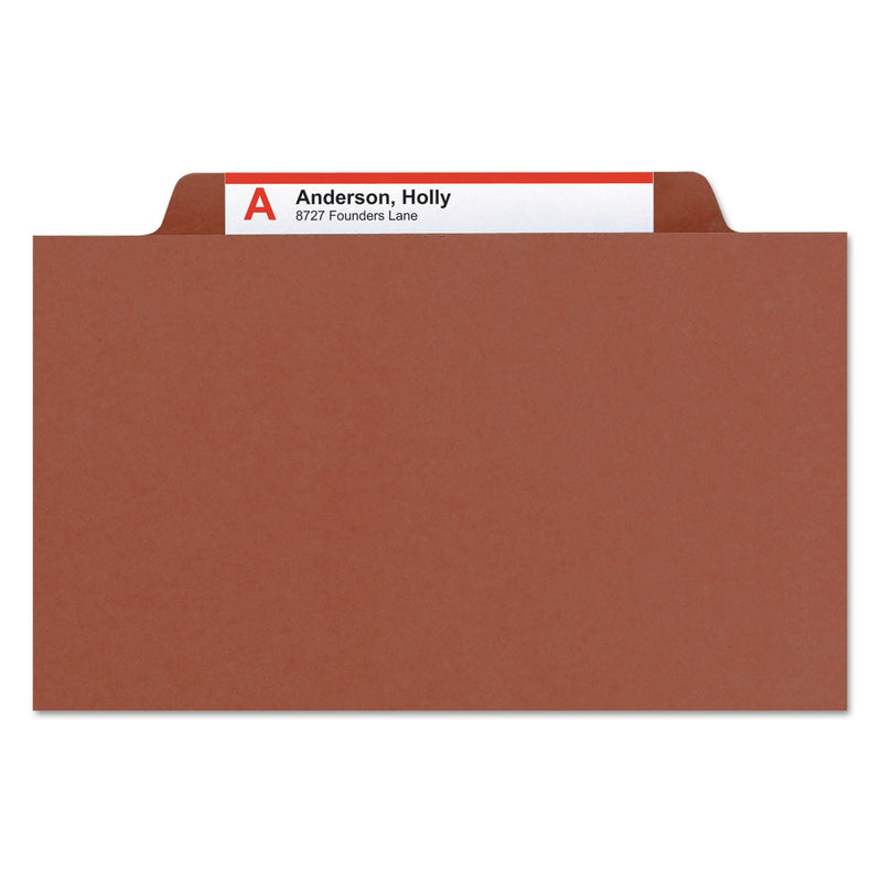 Smead Pressboard Classification Folders with SafeSHIELD Coated Fasteners, 2/5 Cut, 3 Dividers, Legal Size, Red, 10/Box