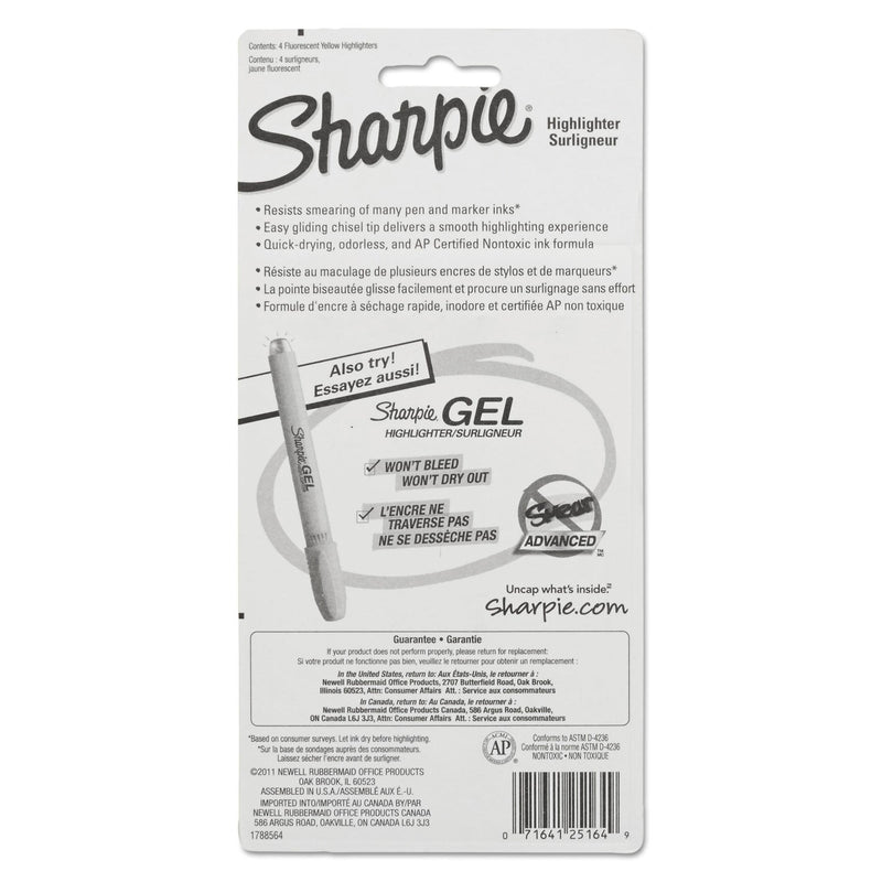 Sharpie Tank Style Highlighters, Fluorescent Yellow Ink, Chisel Tip, Yellow Barrel, 4/Set
