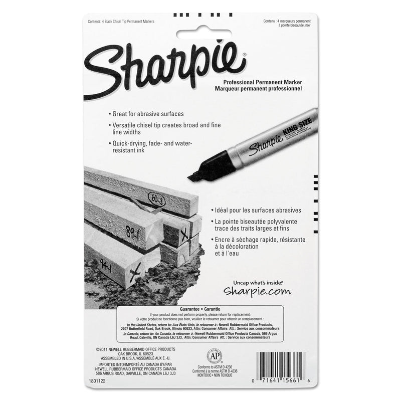 Sharpie King Size Permanent Marker, Broad Chisel Tip, Black, 4/Pack