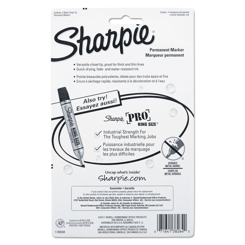 Sharpie Chisel Tip Permanent Marker, Medium Chisel Tip, Black, 4/Pack