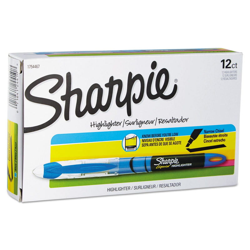 Sharpie Liquid Pen Style Highlighters, Fluorescent Blue Ink, Chisel Tip, Blue/Black/Clear Barrel, Dozen