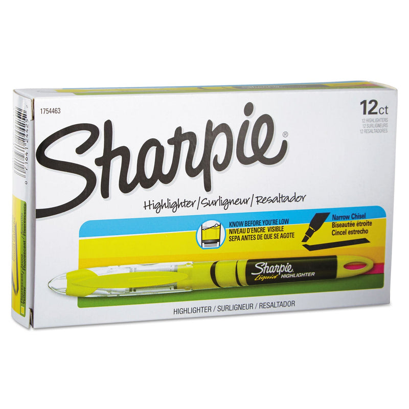 Sharpie Liquid Pen Style Highlighters, Fluorescent Yellow Ink, Chisel Tip, Yellow/Black/Clear Barrel, Dozen