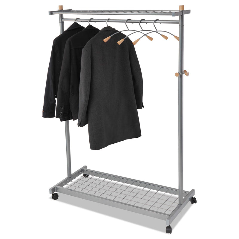 Alba Garment Racks, Two-Sided, 2-Shelf Coat Rack, 6 Hanger/6 Hook, 44.8w x 21.67d x 70.8h, Silver/Wood