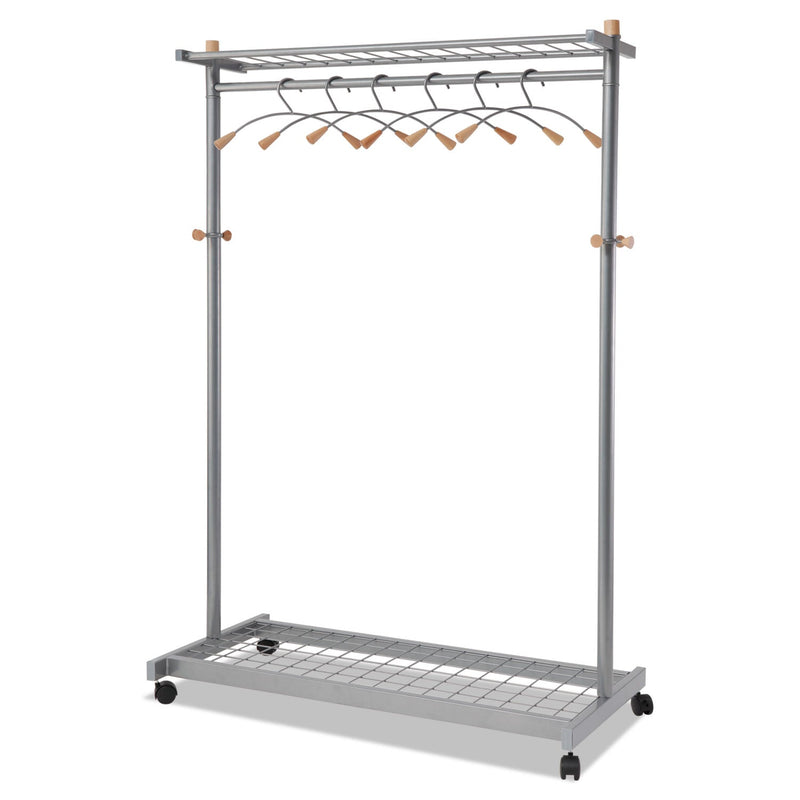 Alba Garment Racks, Two-Sided, 2-Shelf Coat Rack, 6 Hanger/6 Hook, 44.8w x 21.67d x 70.8h, Silver/Wood
