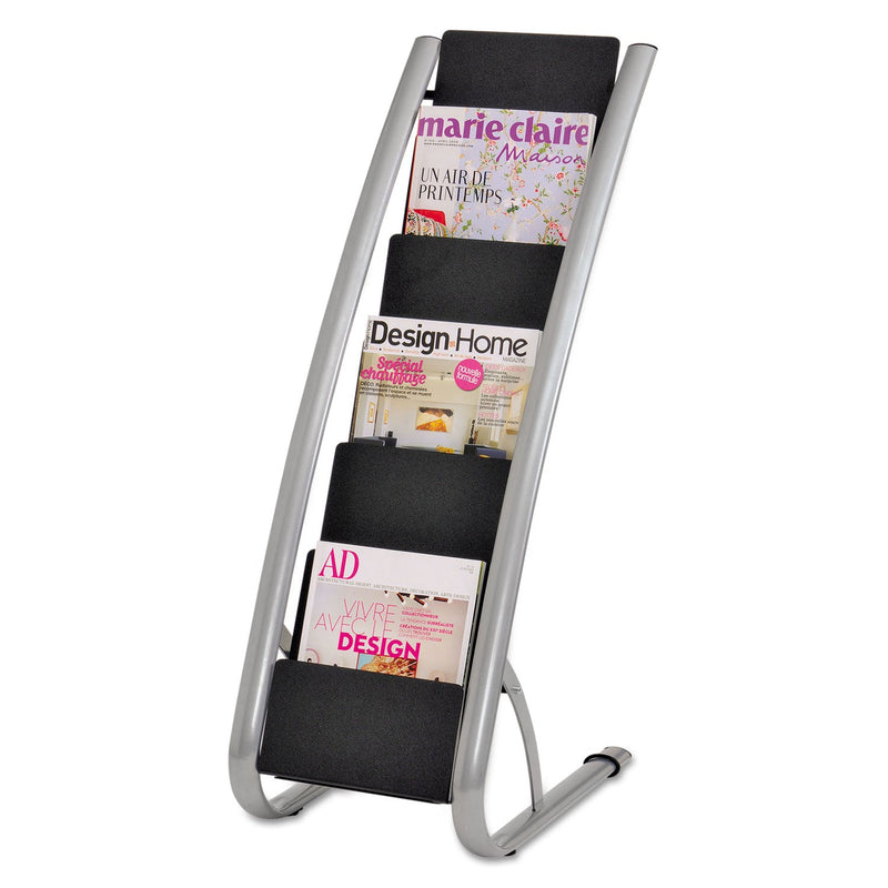 Alba Literature Floor Rack, 6 Pocket, 13.33w x 19.67d x 36.67h, Silver Gray/Black