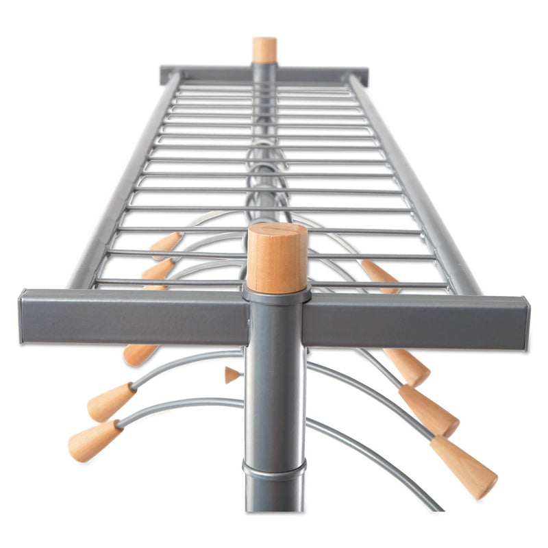 Alba Garment Racks, Two-Sided, 2-Shelf Coat Rack, 6 Hanger/6 Hook, 44.8w x 21.67d x 70.8h, Silver/Wood