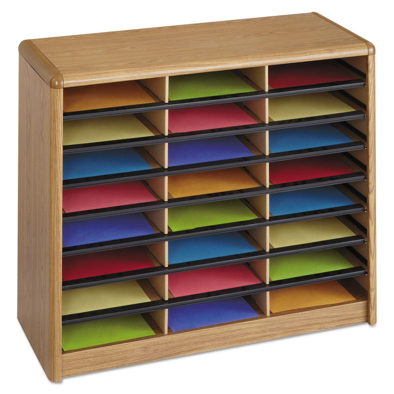 Safco Steel/Fiberboard Literature Sorter, 24 Compartments, 32.25 x 13.5 x 25.75, Oak