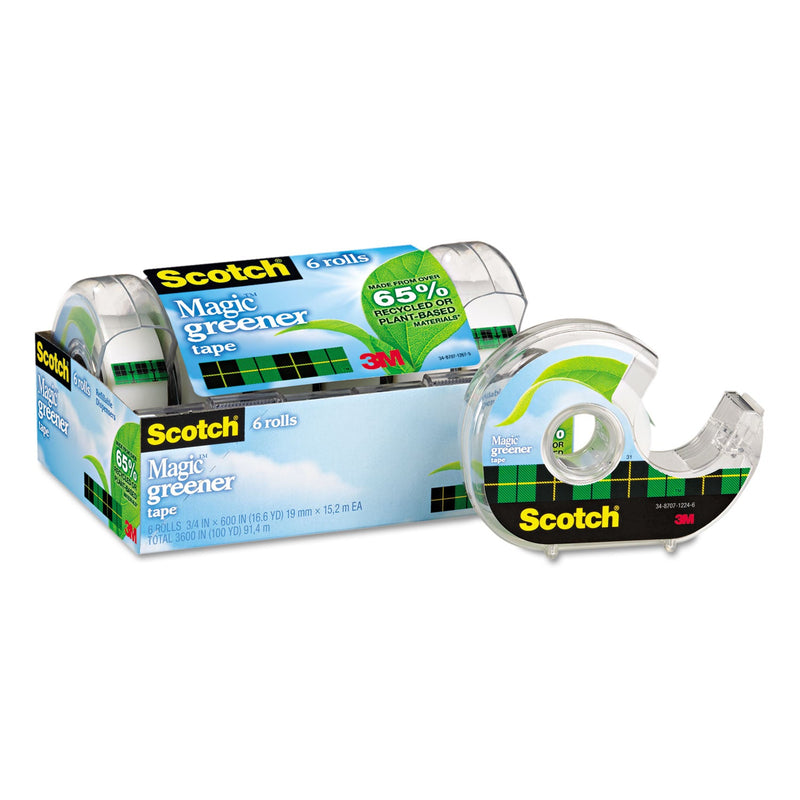 Scotch Magic Greener Tape with Dispenser, 1" Core, 0.75" x 50 ft, Clear, 6/Pack
