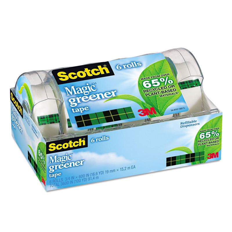 Scotch Magic Greener Tape with Dispenser, 1" Core, 0.75" x 50 ft, Clear, 6/Pack