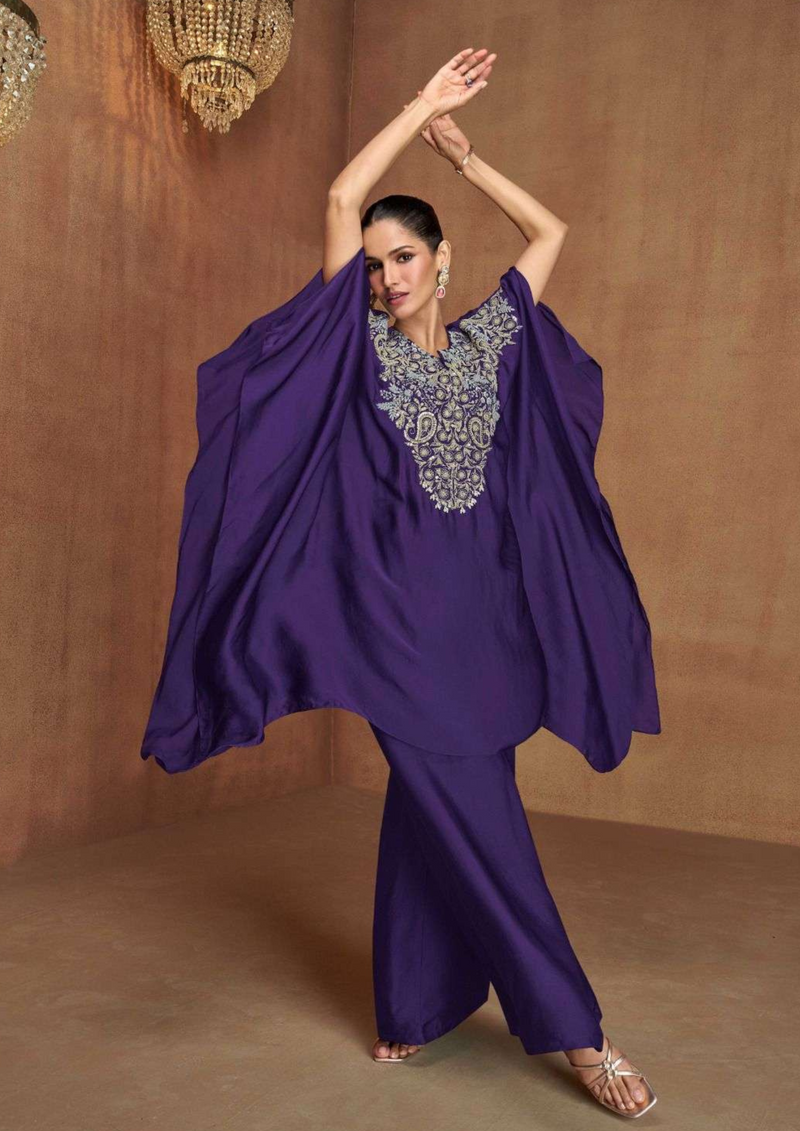 Purple Silk Sequins Hand Work Kaftan Style Palazzo Set