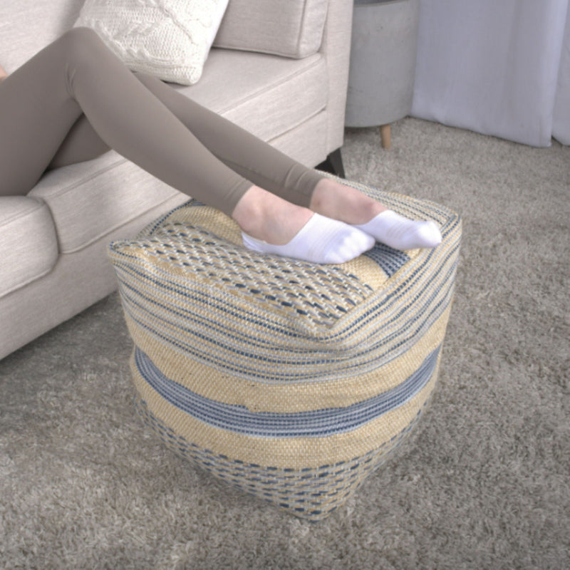 Western - Handcrafted Fabric Pouf, Durable - Natural / Blue