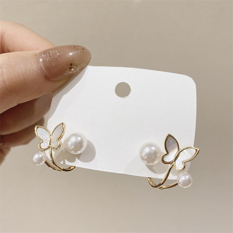 White Enamel Butterfly Pearl Earrings