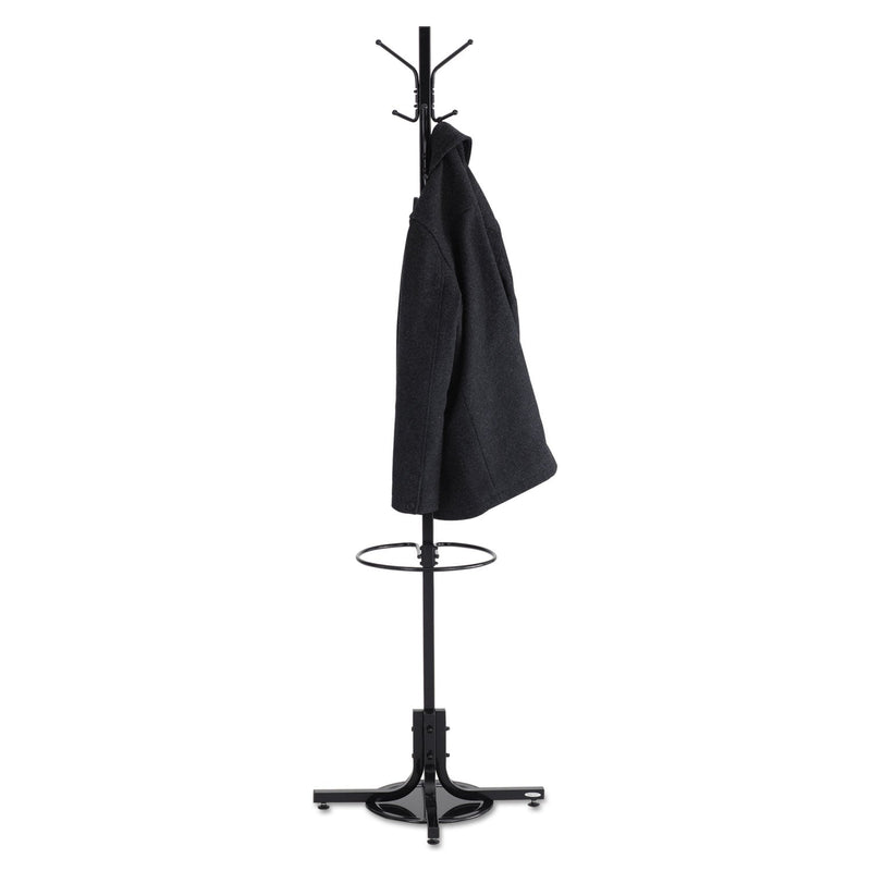 Safco Metal Costumer with Umbrella Holder, Four Ball-Tipped Double-Hooks, 21w x 21d x 70h, Black