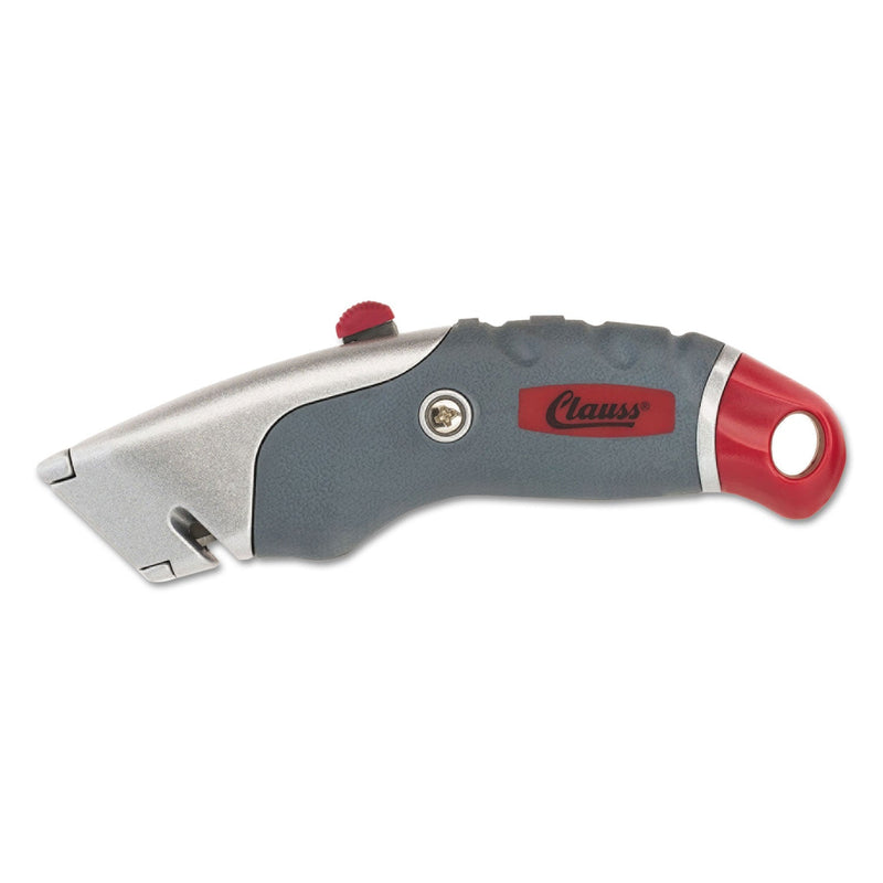 Clauss Titanium Auto-Retract Utility Knife, 2.3' Blade, 6" Aluminum/Rubber Handle, Gray/Red