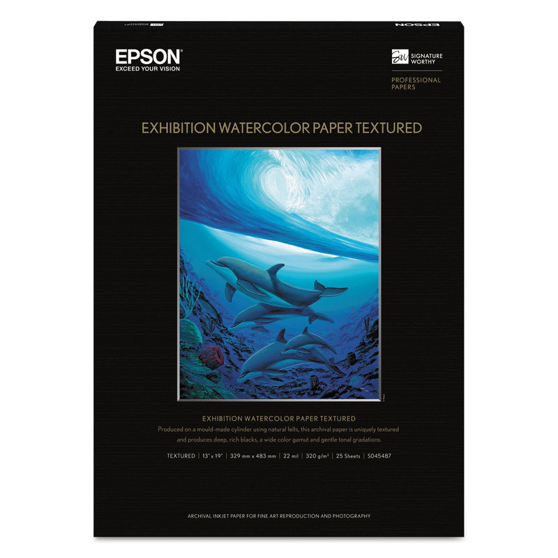 Epson Exhibition Textured Watercolor Paper, 22 mil, 13 x 19, Matte White, 25/Pack