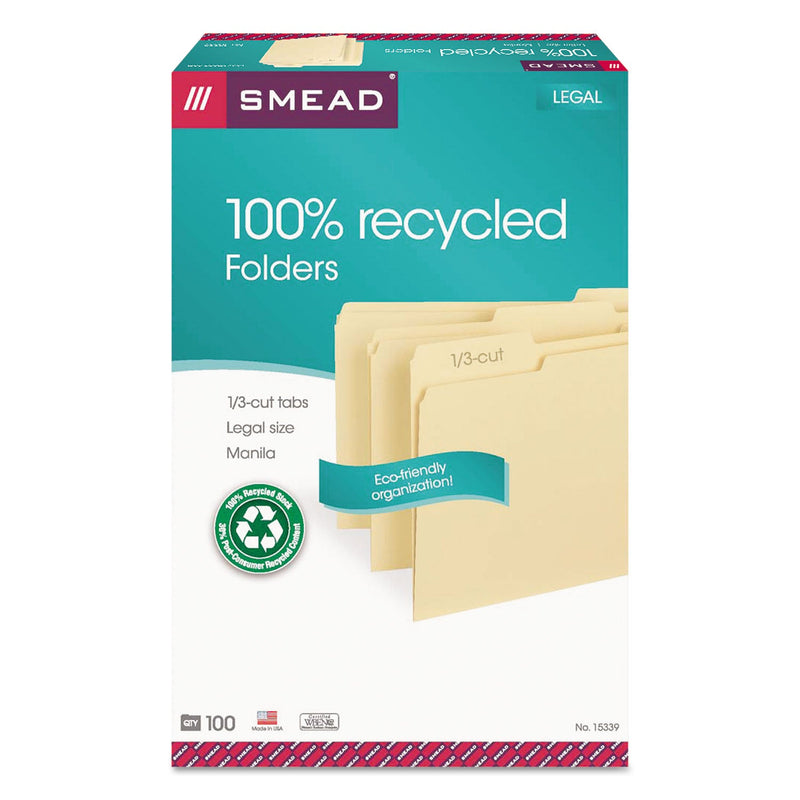 Smead 100% Recycled Manila Top Tab File Folders, 1/3-Cut Tabs: Assorted, Legal Size, 0.75" Expansion, Manila, 100/Box