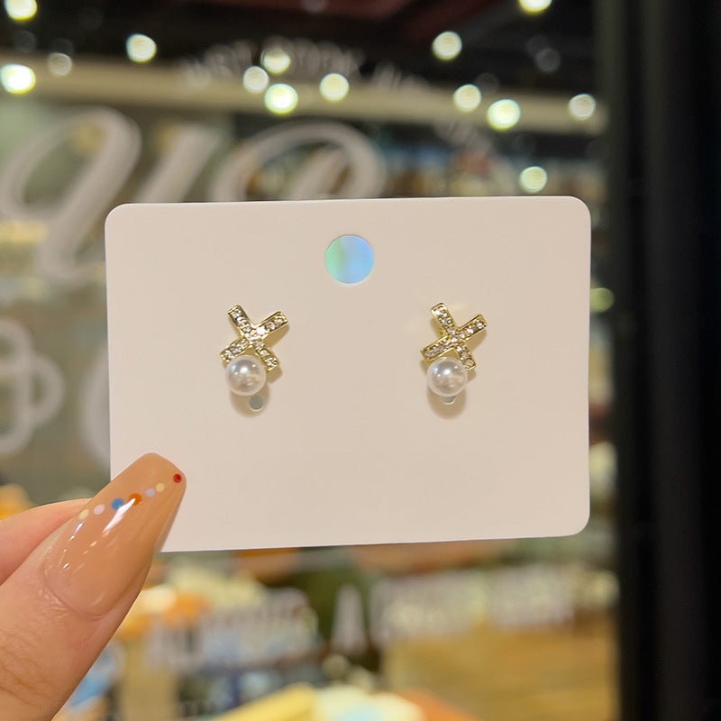 Sweet Pearl Studs Cross Earrings