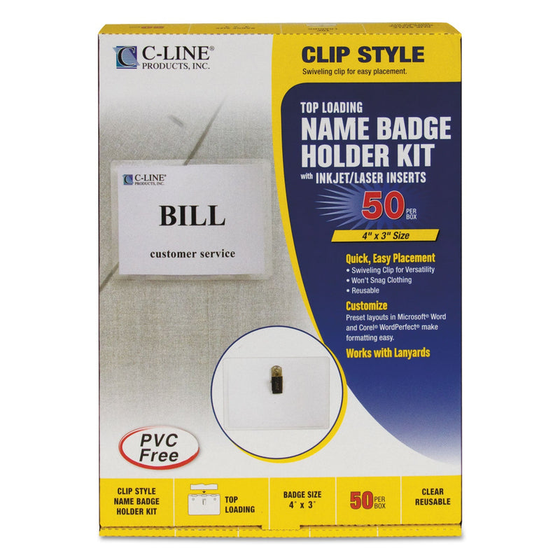 C-Line Name Badge Kits, Top Load, 4 x 3, Clear, 50/Box