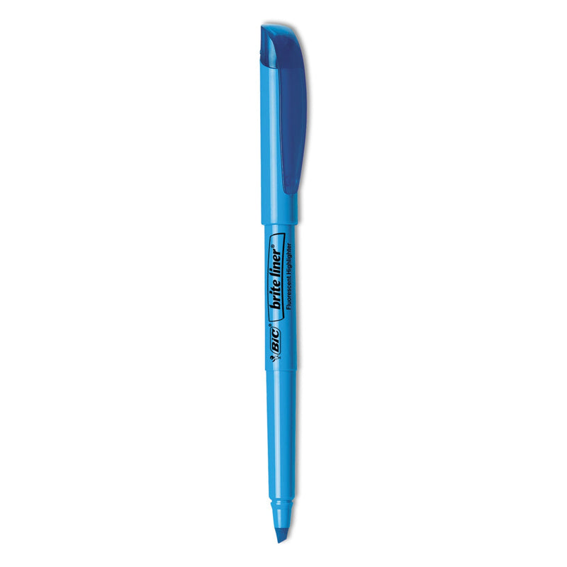 BIC Brite Liner Highlighter, Fluorescent Blue Ink, Chisel Tip, Blue/Black Barrel, Dozen