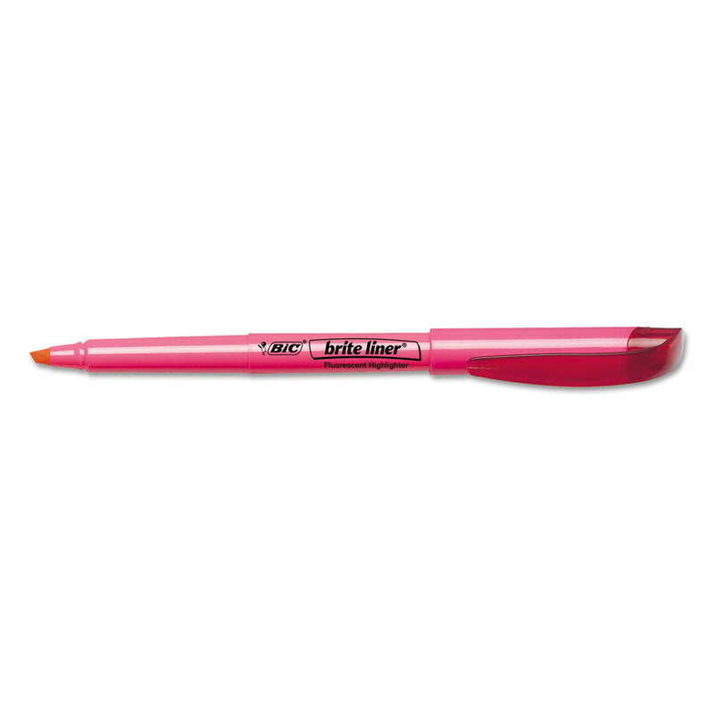 BIC Brite Liner Highlighter, Fluorescent Pink Ink, Chisel Tip, Pink/Black Barrel, Dozen