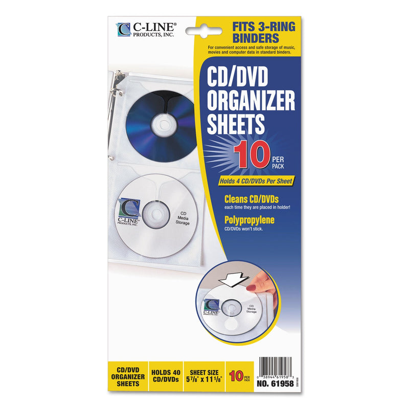 C-Line Deluxe CD Ring Binder Storage Pages, Standard, 4 Disc Capacity, Clear/White, 10/Pack