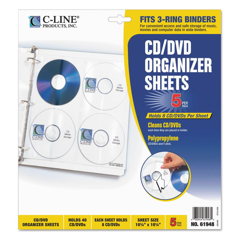 C-Line Deluxe CD Ring Binder Storage Pages, Standard, 8 Disc Capacity, Clear/White, 5/Pack