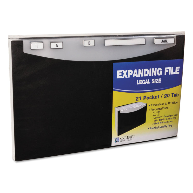 C-Line 21-Pocket Stand-Up Design Expanding File, 12" Expansion, 21 Sections, 1/5-Cut Tabs, Legal Size, Black
