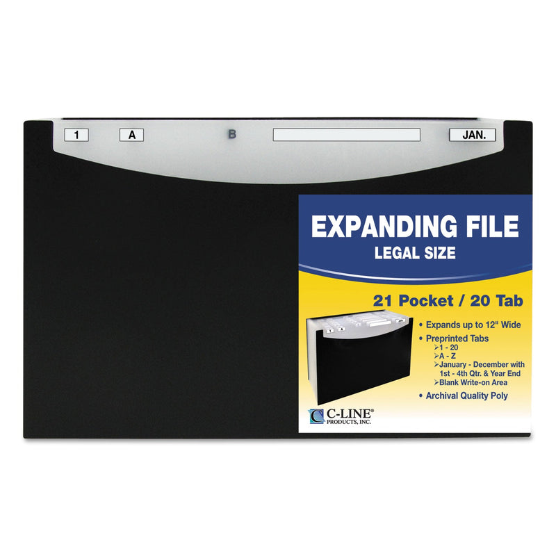 C-Line 21-Pocket Stand-Up Design Expanding File, 12" Expansion, 21 Sections, 1/5-Cut Tabs, Legal Size, Black