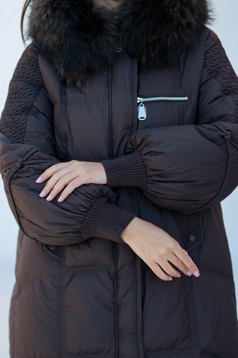 Dakota Genuine Fur Trim Down Fill Coat in Chocolate