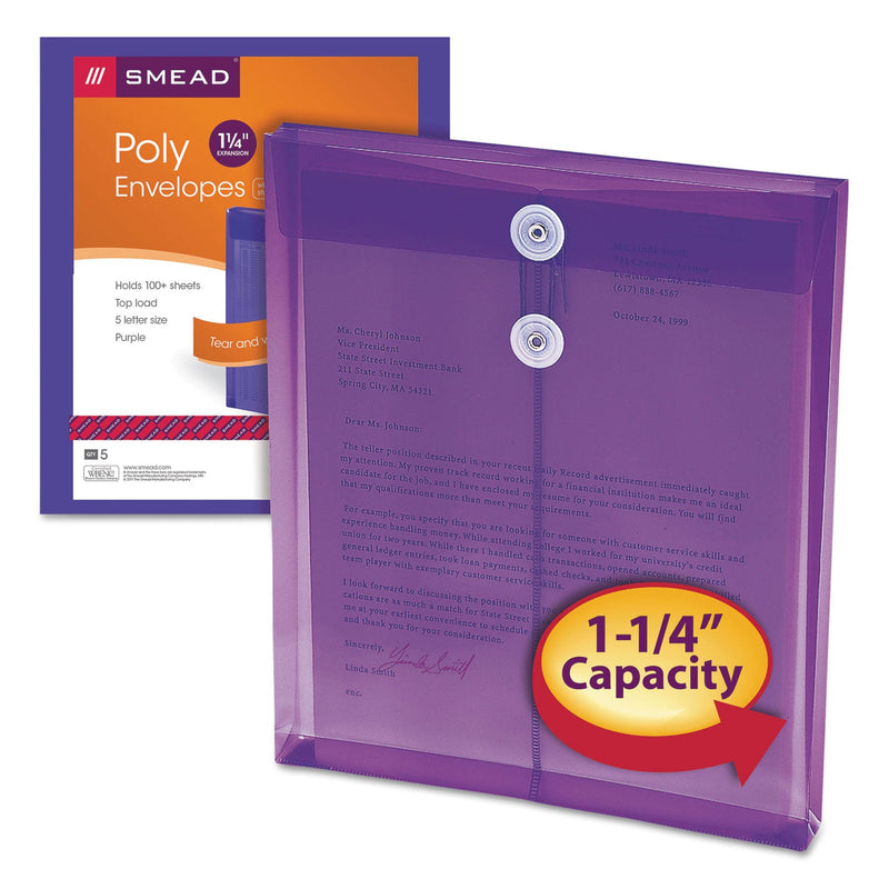 Smead Poly String and Button Interoffice Envelopes, Open-End (Vertical), 9.75 x 11.63, Transparent Purple, 5/Pack