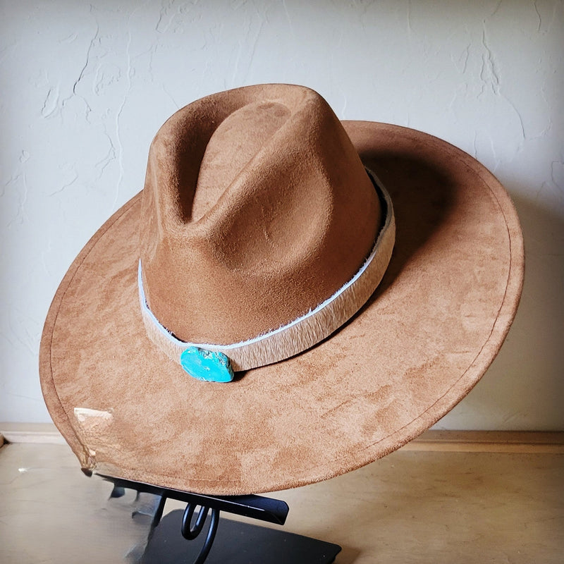 Tan Hide w/ Turquoise Slab Leather Band + Choice of Boho Hat 985t