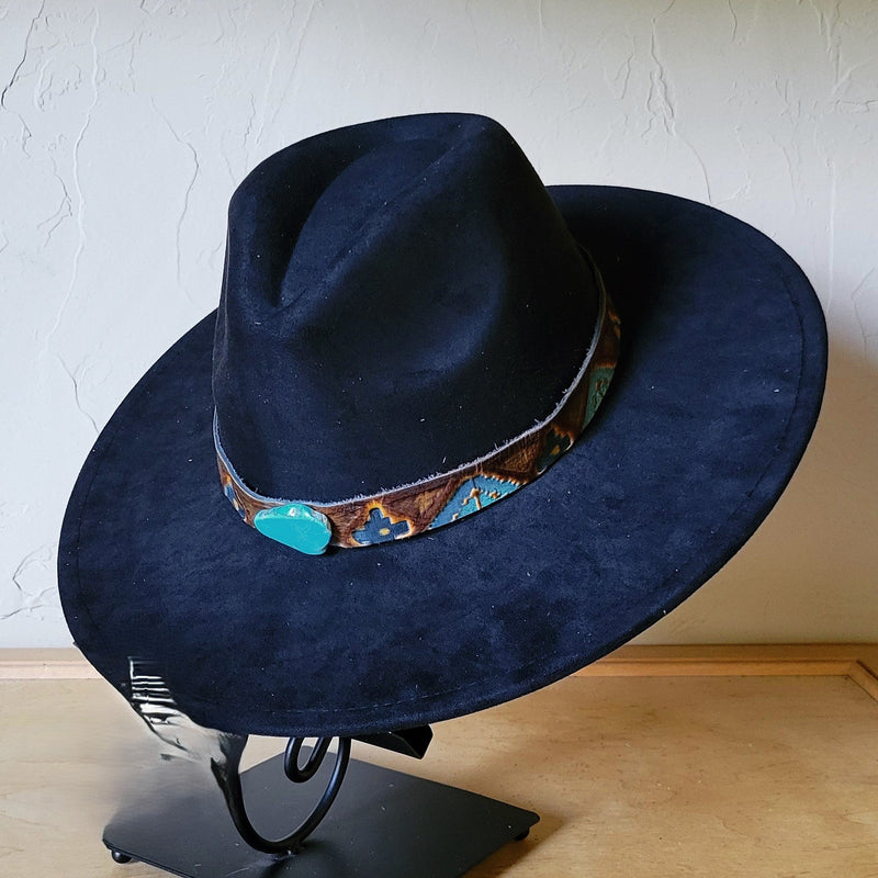 Blue Navajo Turquoise Slab Leather Band + Choice of Boho Hat 985p
