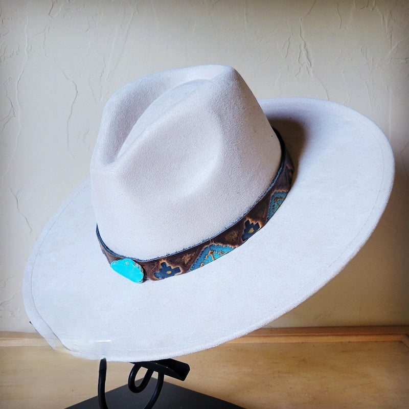 Blue Navajo Turquoise Slab Leather Band + Choice of Boho Hat 985p