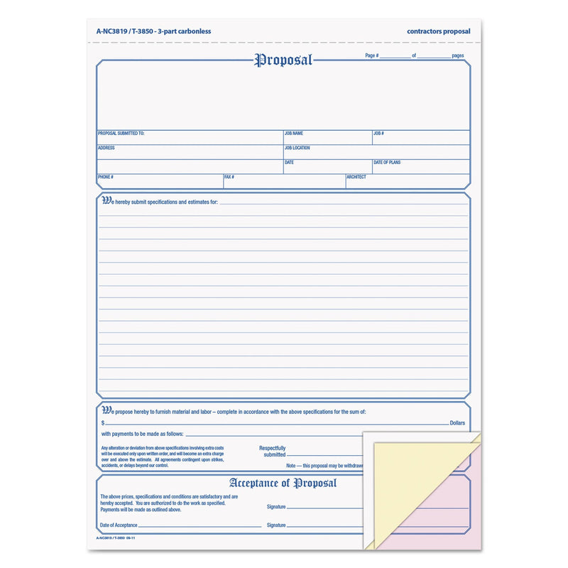 Adams Contractor Proposal Form, Three-Part Carbonless, 8.5 x 11.44, 1/Page, 50 Forms