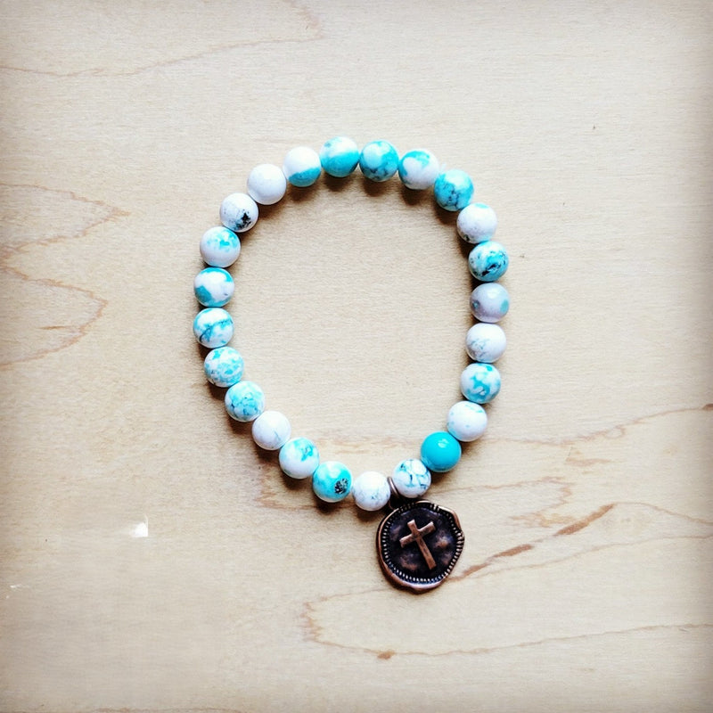 **Turquoise White Beaded Stretch Bracelet w/ Coin 809i