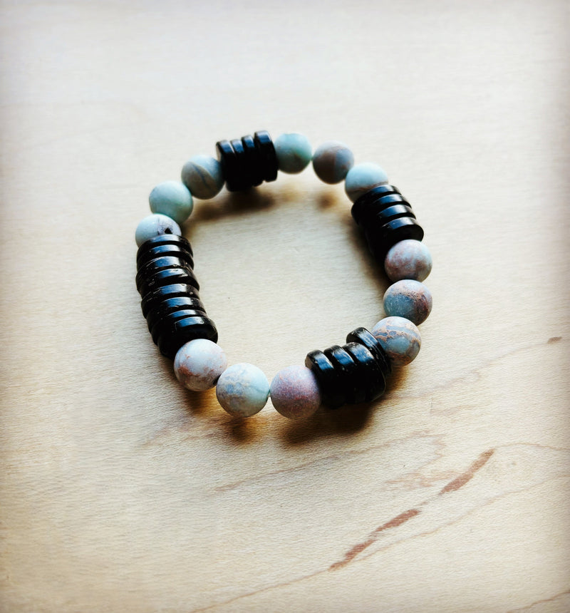 **Frosted Aqua Terra and Wood Stretch Bracelet (808y)