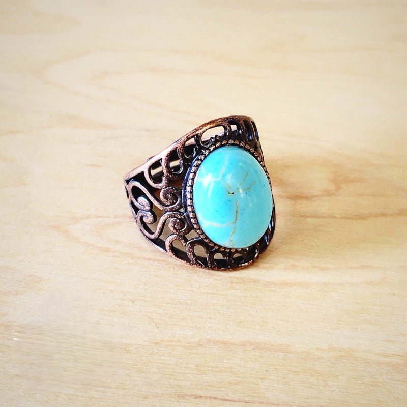 Blue Turquoise Ring in Antique Copper Filigree Setting 012d