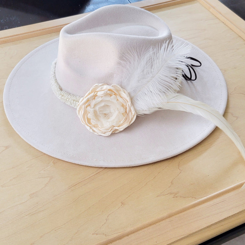 Lace & Pearl Hat Band w/ Silk Flower & Feathers-Ivory (Band Only) 952u